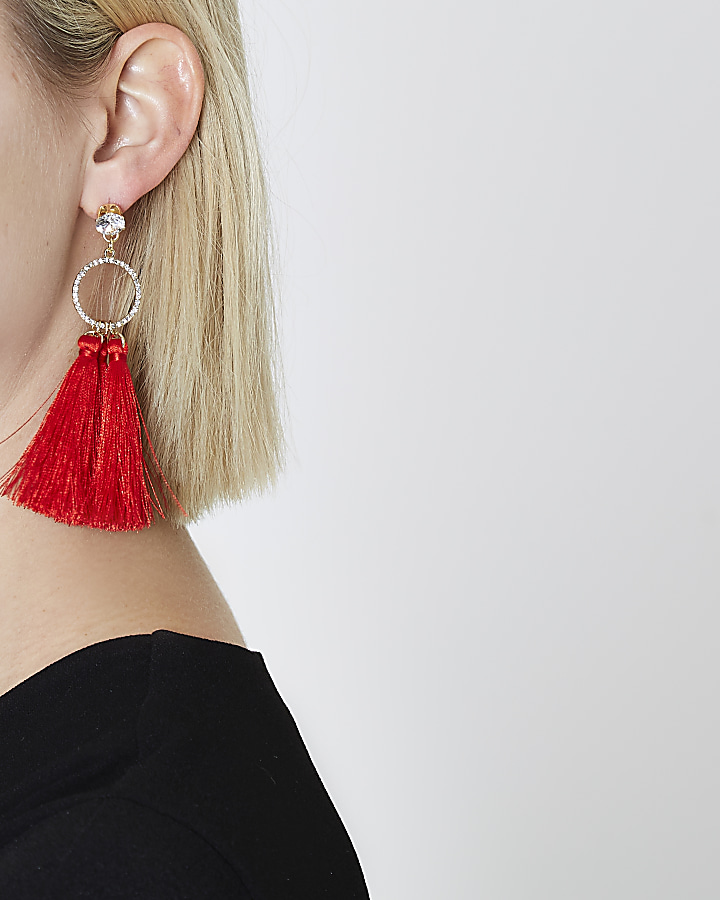 Red tassel diamante pave circle earrings