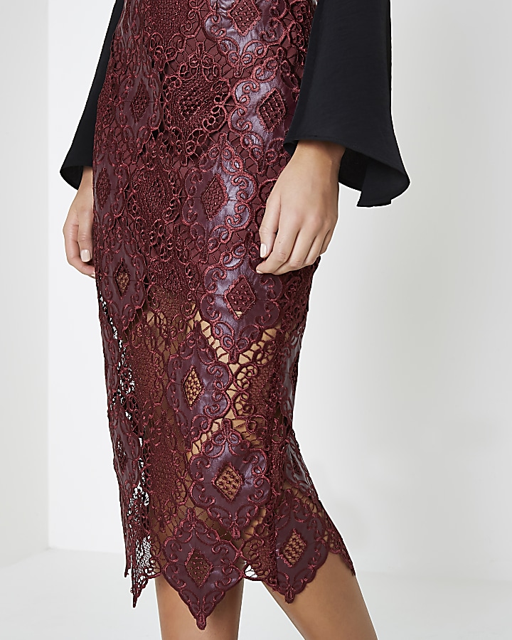 Dark red lace scallop pencil skirt