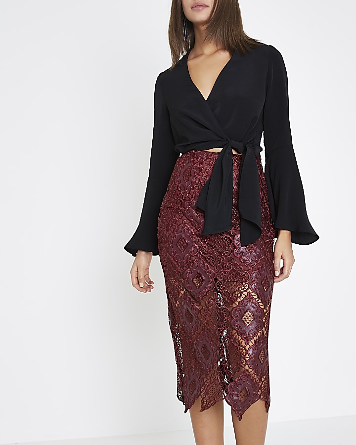 Dark red lace scallop pencil skirt