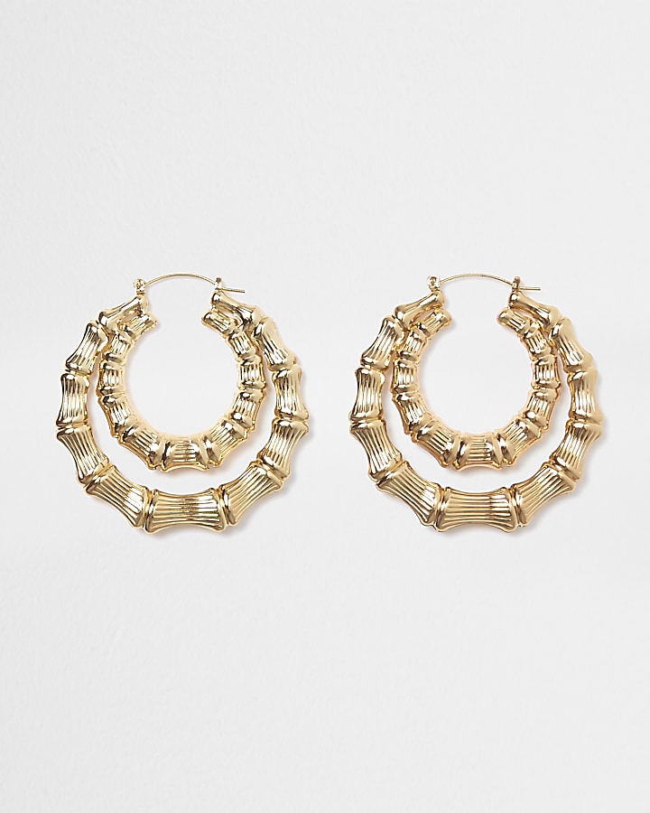 Gold tone double bamboo hoop earrings