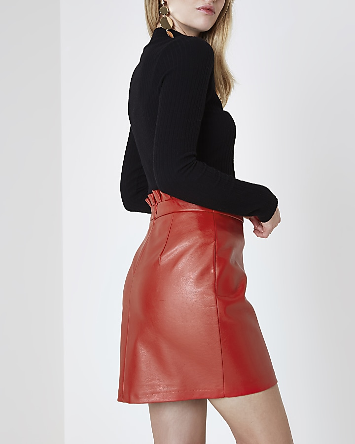 Red paperbag waist faux leather mini skirt