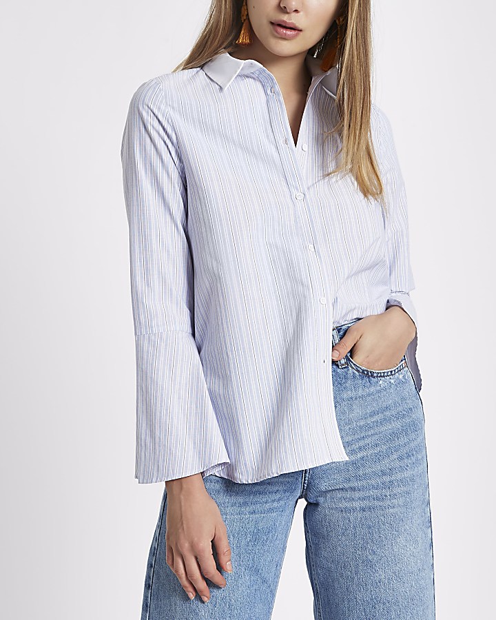 Blue stripe print frill back shirt