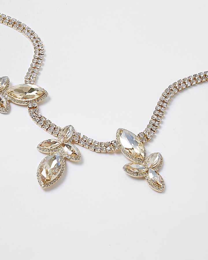 Gold tone diamante leaf jewel necklace