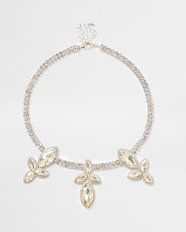 Gold tone diamante leaf jewel necklace