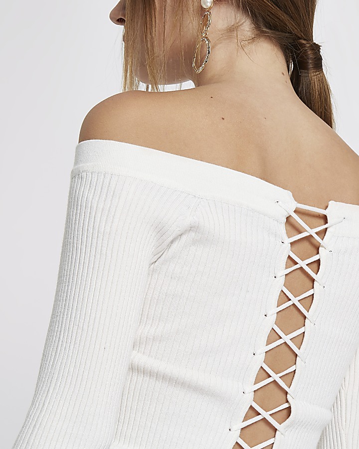 White rib knit lace-up back bardot top