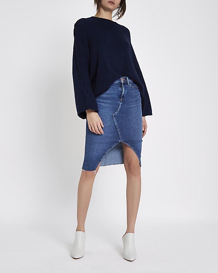 Mid blue split front denim pencil skirt
