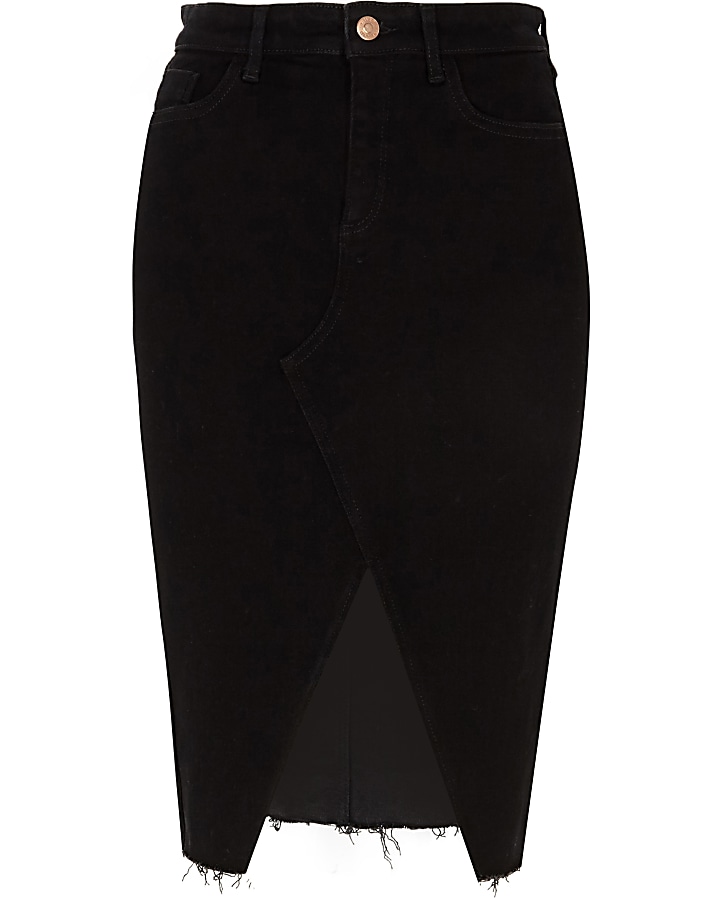 Black split front denim pencil skirt