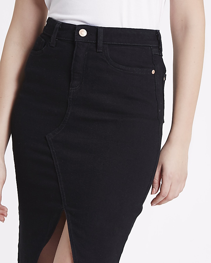 Black split front denim pencil skirt