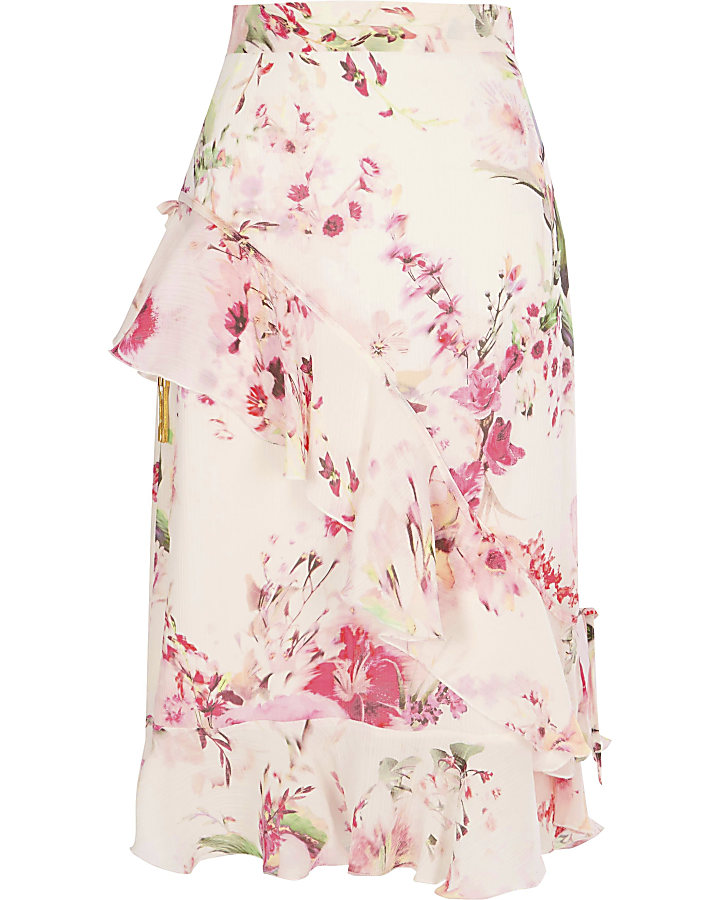 Cream frill floral print midi skirt