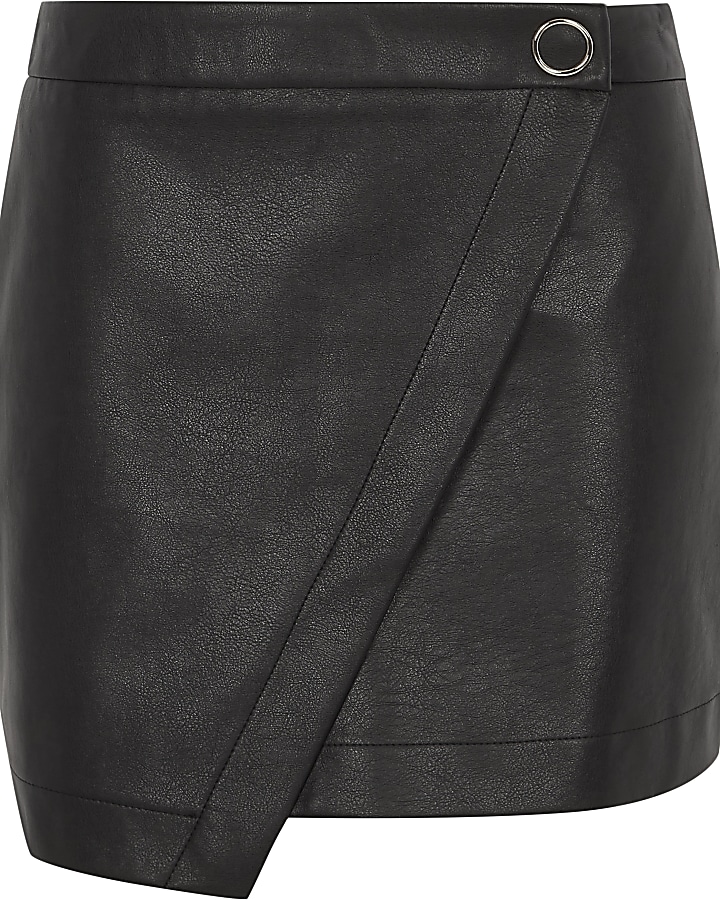 Black faux leather wrap front skort