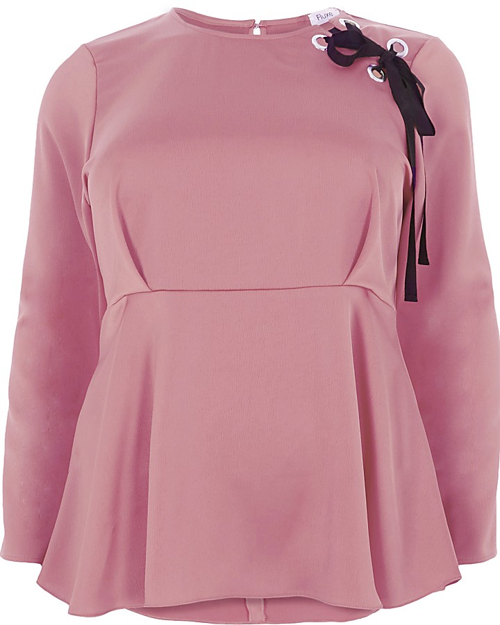 Plus pink lace-up shoulder peplum blouse