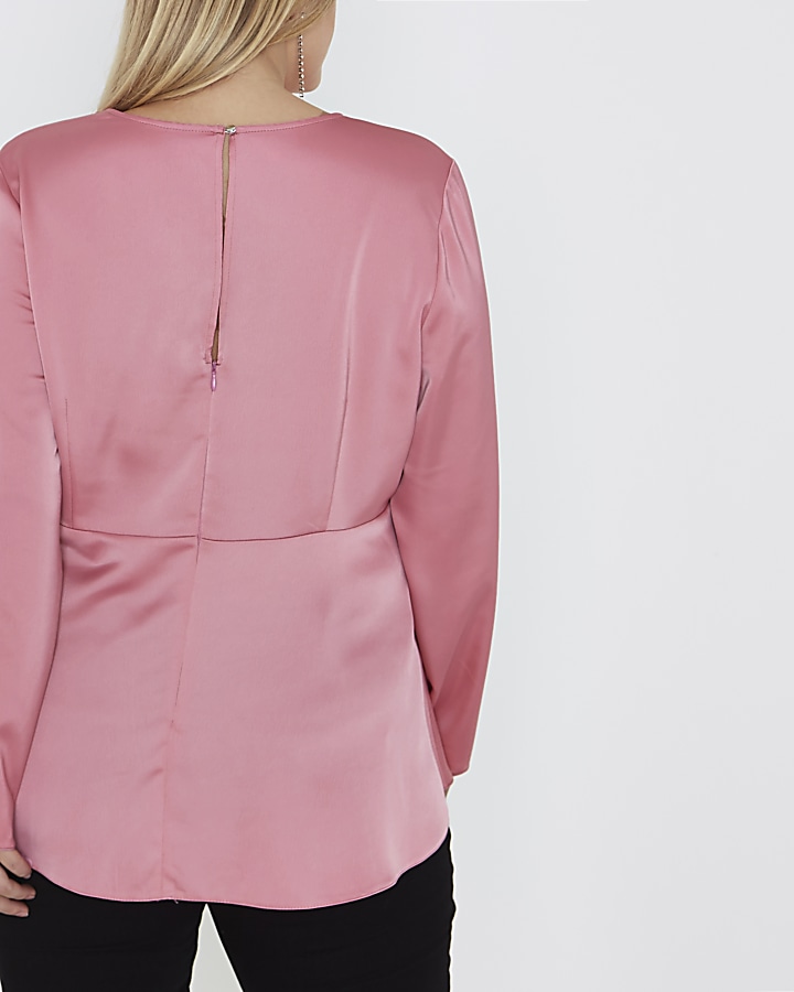 Plus pink lace-up shoulder peplum blouse