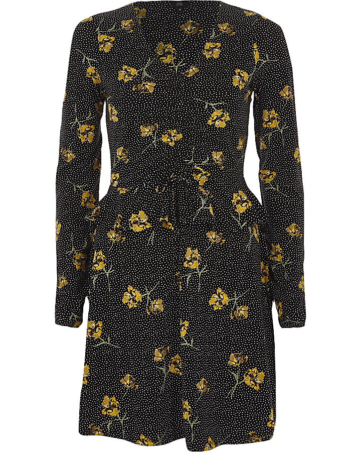 Black floral frill long sleeve tea dress