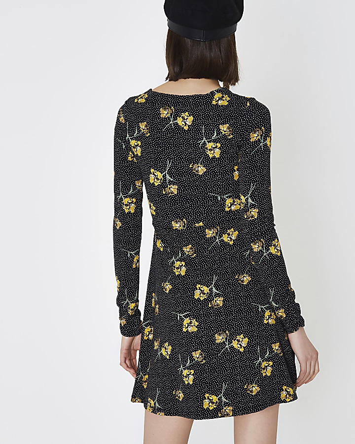 Black floral frill long sleeve tea dress