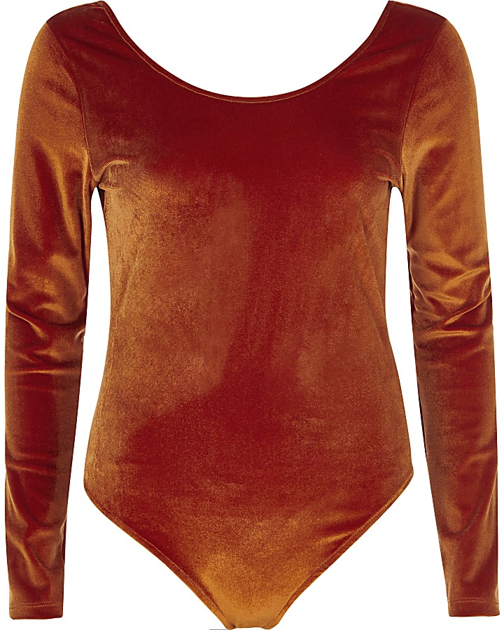 Orange velour long sleeve scoop neck bodysuit