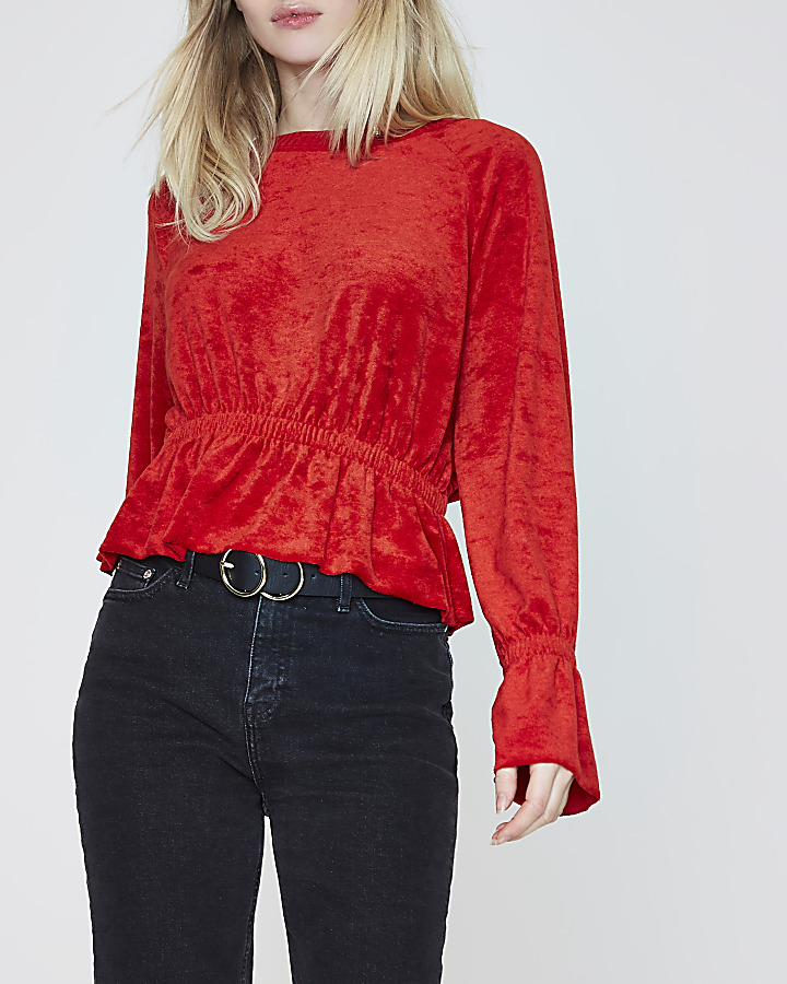 Red ruched hem long sleeve towelling top