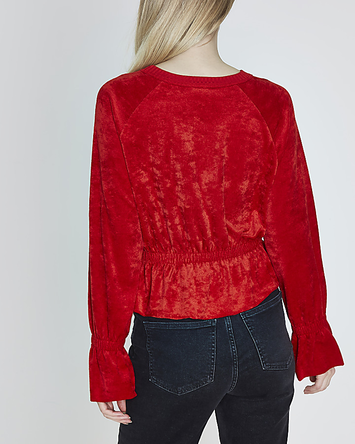 Red ruched hem long sleeve towelling top