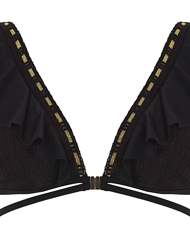 Black high apex frill triangle bikini top