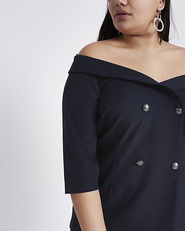 Plus navy double breasted bardot blouse