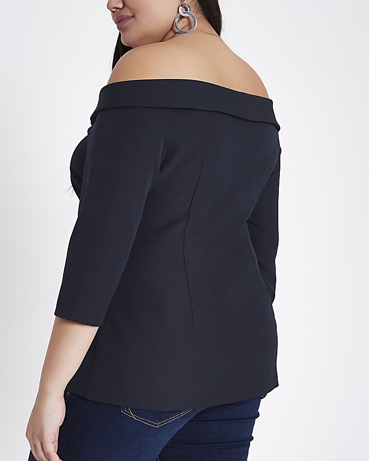 Plus navy double breasted bardot blouse
