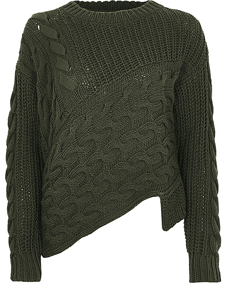 Khaki green cable knit asymmetric jumper