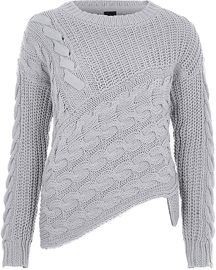 Grey cable knit asymmetric jumper
