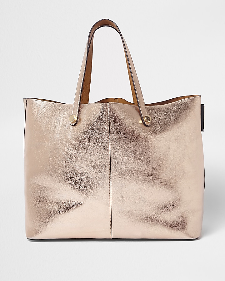 Rose gold metallic reversible beach tote bag