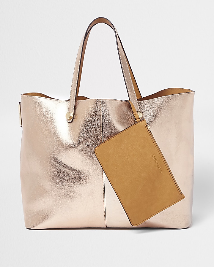 Rose gold metallic reversible beach tote bag