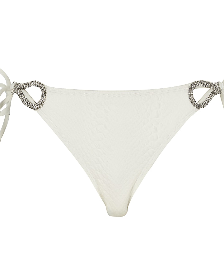 White diamante tie side bikini bottoms