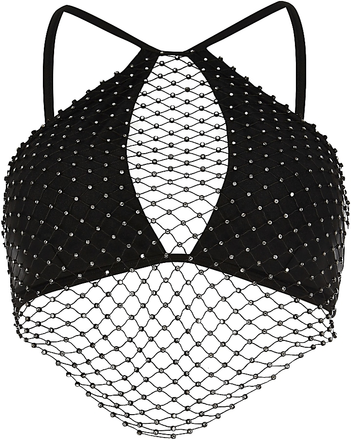 Black diamante mesh high apex bikini top
