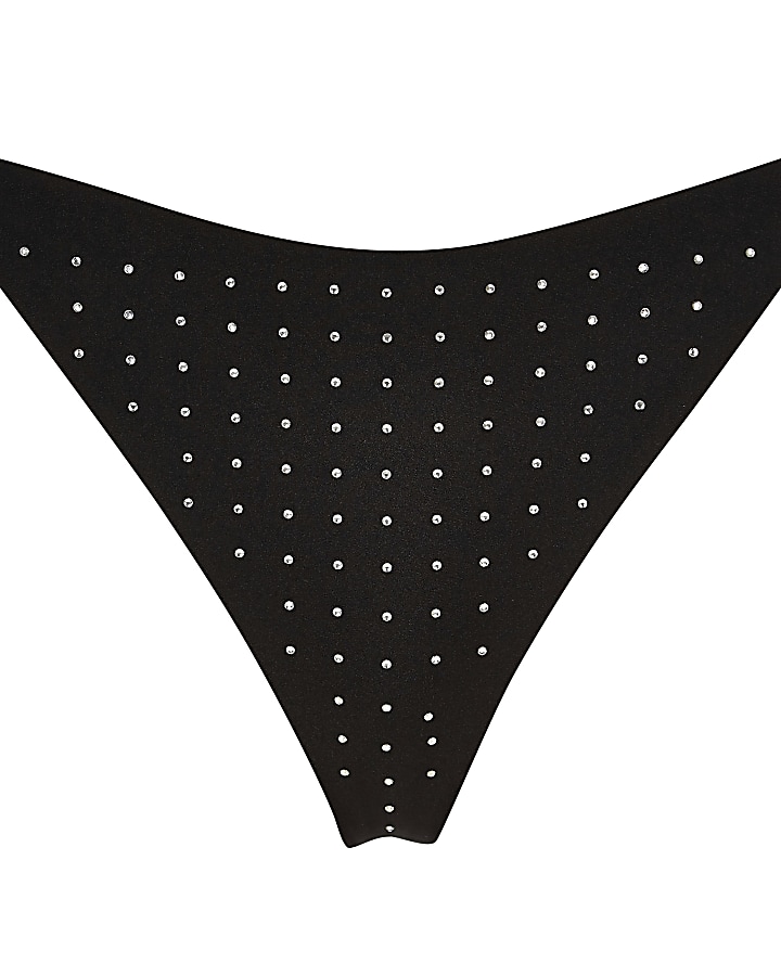 Black diamante thong bikini bottoms