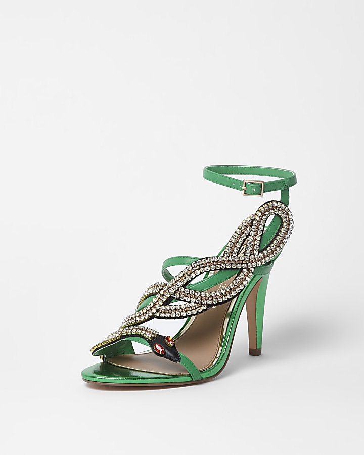 Green diamante snake strappy sandals
