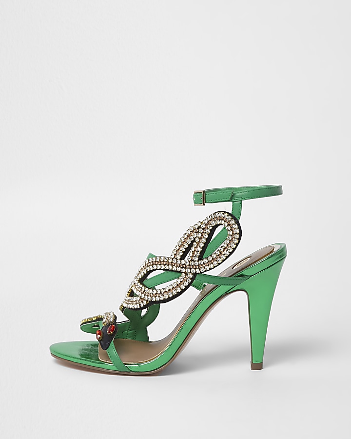 Green diamante snake strappy sandals