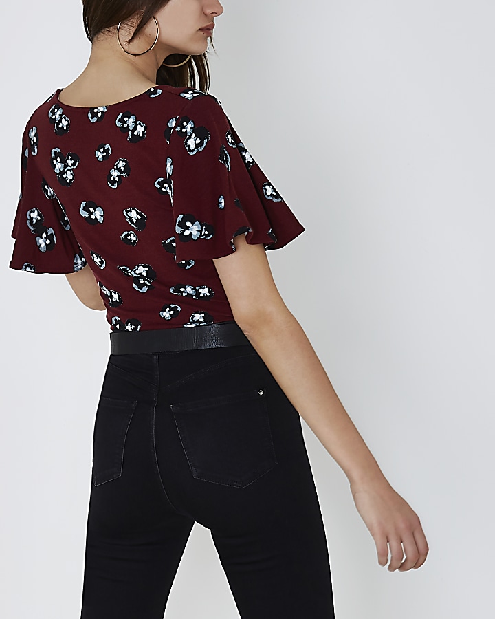 Dark red floral print ruched front crop top