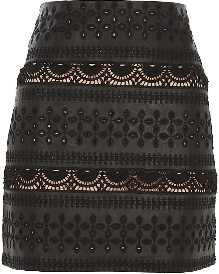 Black faux leather broderie detail mini skirt