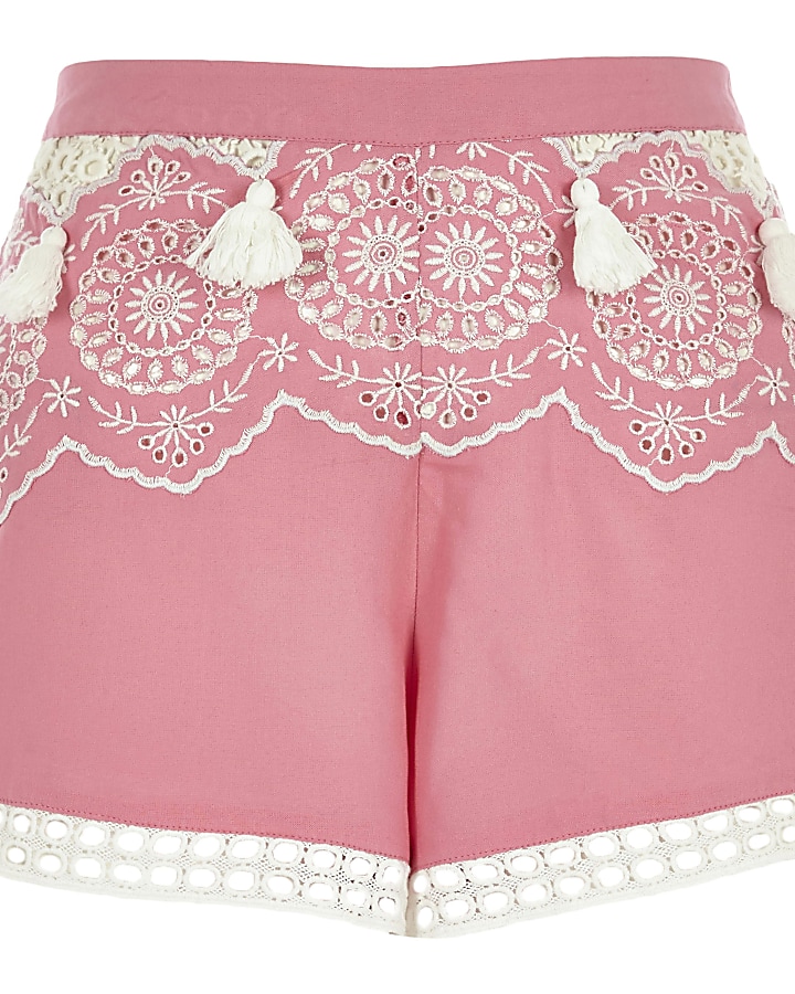 Pink broderie tassel trim beach shorts