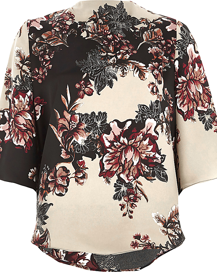 Black floral print high neck cape sleeve top
