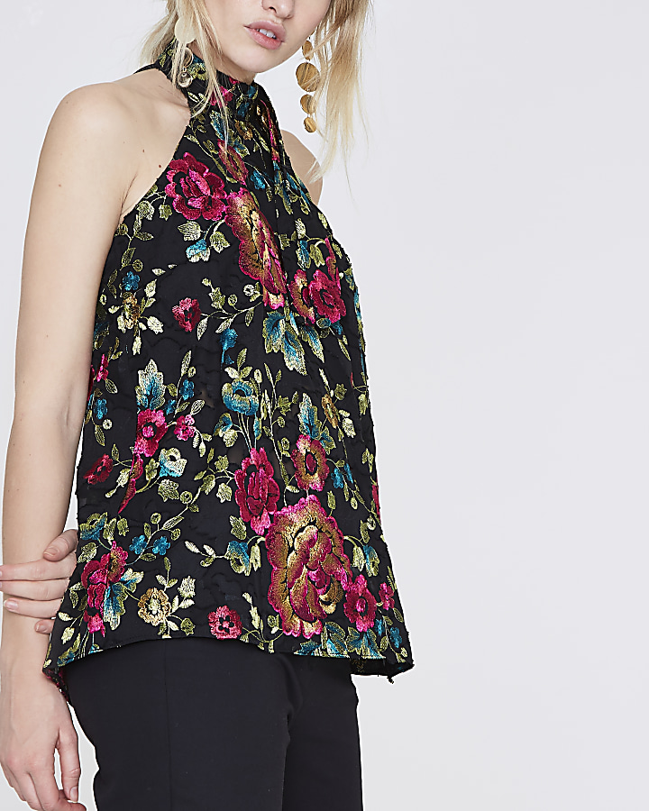 Black floral embroidered strappy back top