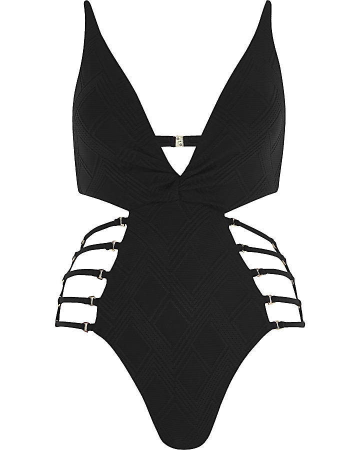 Black knot front strappy plunge swimsuit