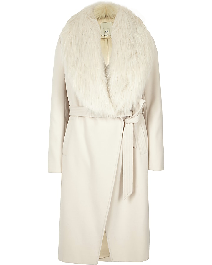 Cream faux fur collar belted robe coat