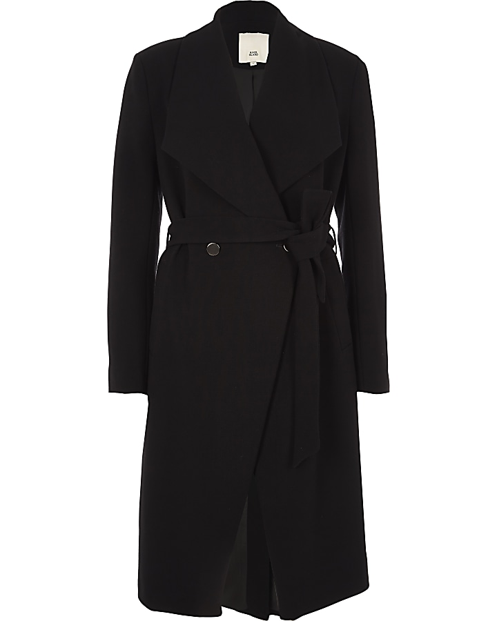 Black belted gold tone button robe coat