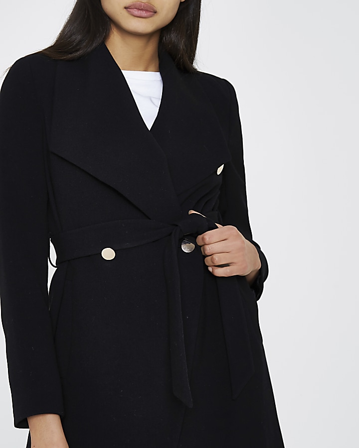 Black belted gold tone button robe coat