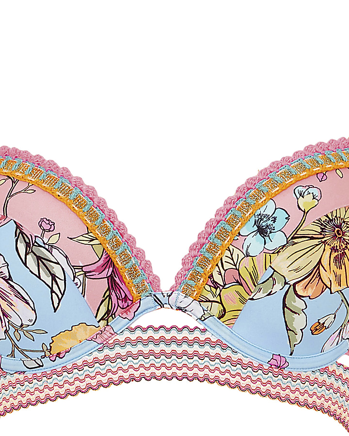 Pink floral crochet trim plunge bikini top