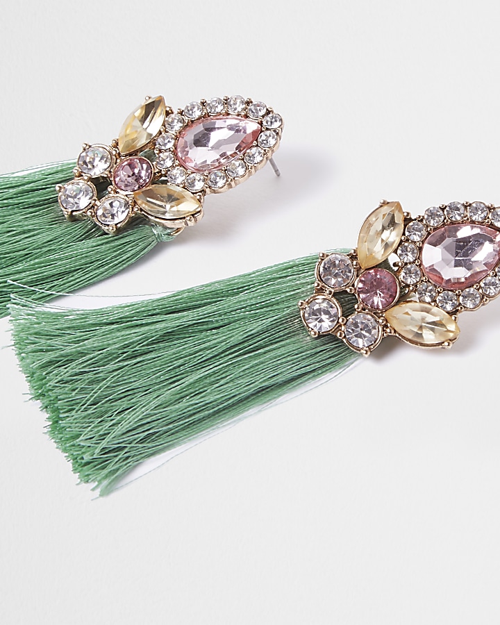 Mint green tassel jewel embellished earrings