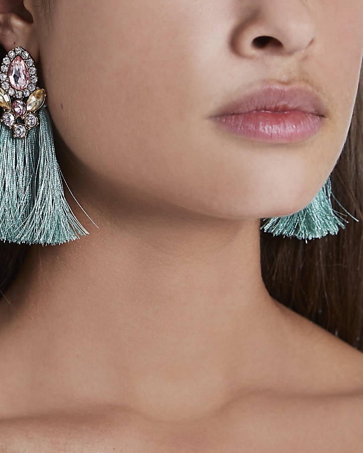 Mint green tassel jewel embellished earrings