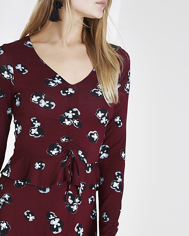 Burgundy floral ruched frill jersey dress