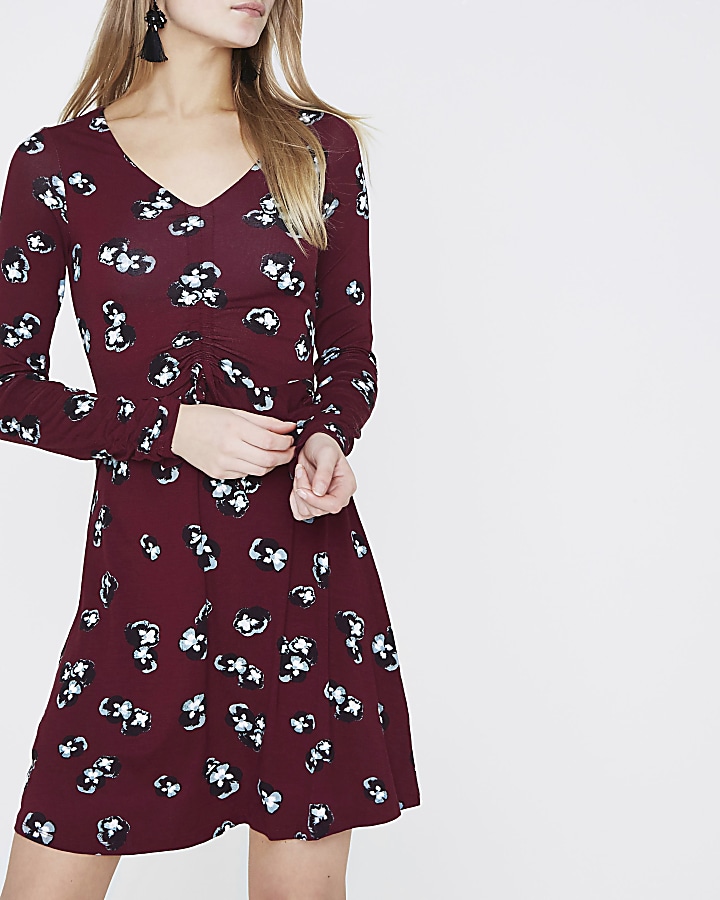 Burgundy floral ruched frill jersey dress
