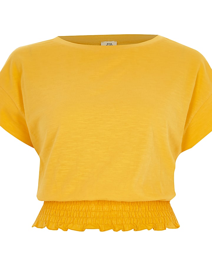 Bright yellow shirred hem T-shirt