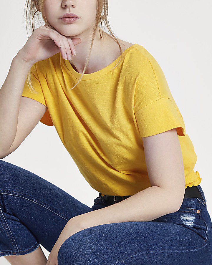 Bright yellow shirred hem T-shirt