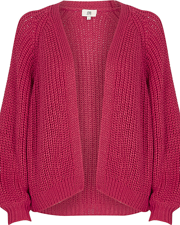 Petite dark pink tape yarn knit cardigan